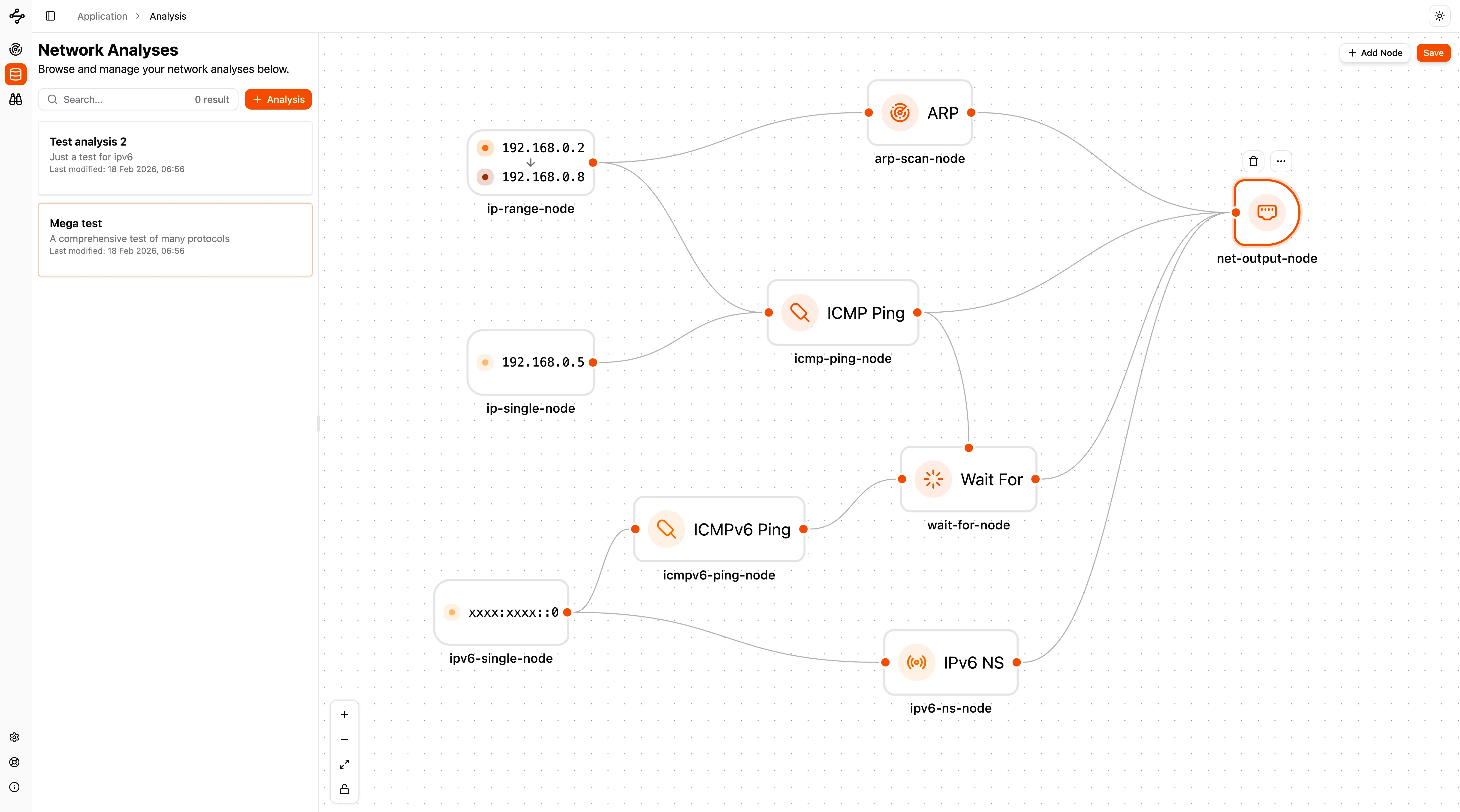 Visual workflow builder for creating network test scenarios
