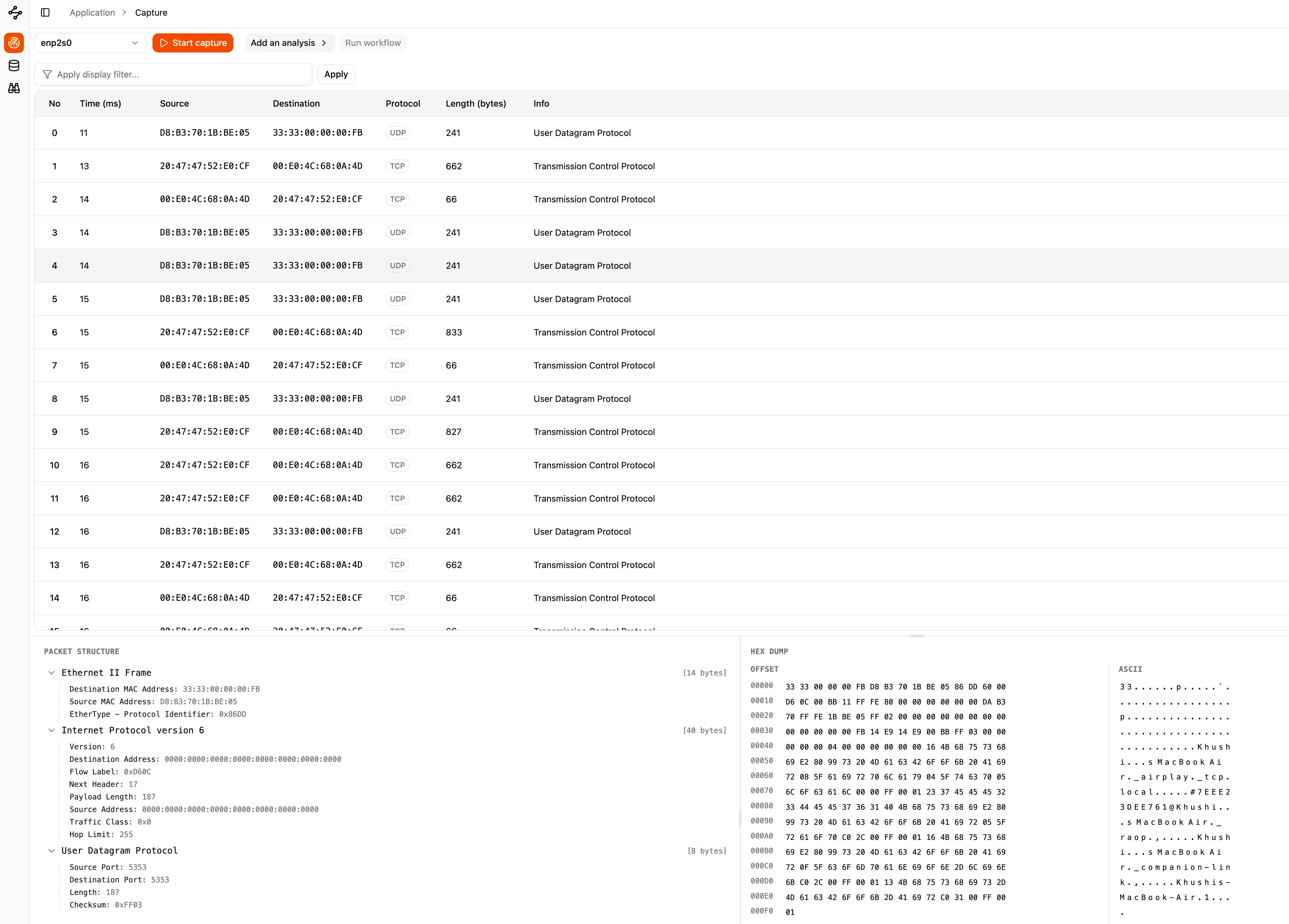 Screenshot of Pruftnet's packet capture interface showing real-time network traffic visualization and analysis tools
