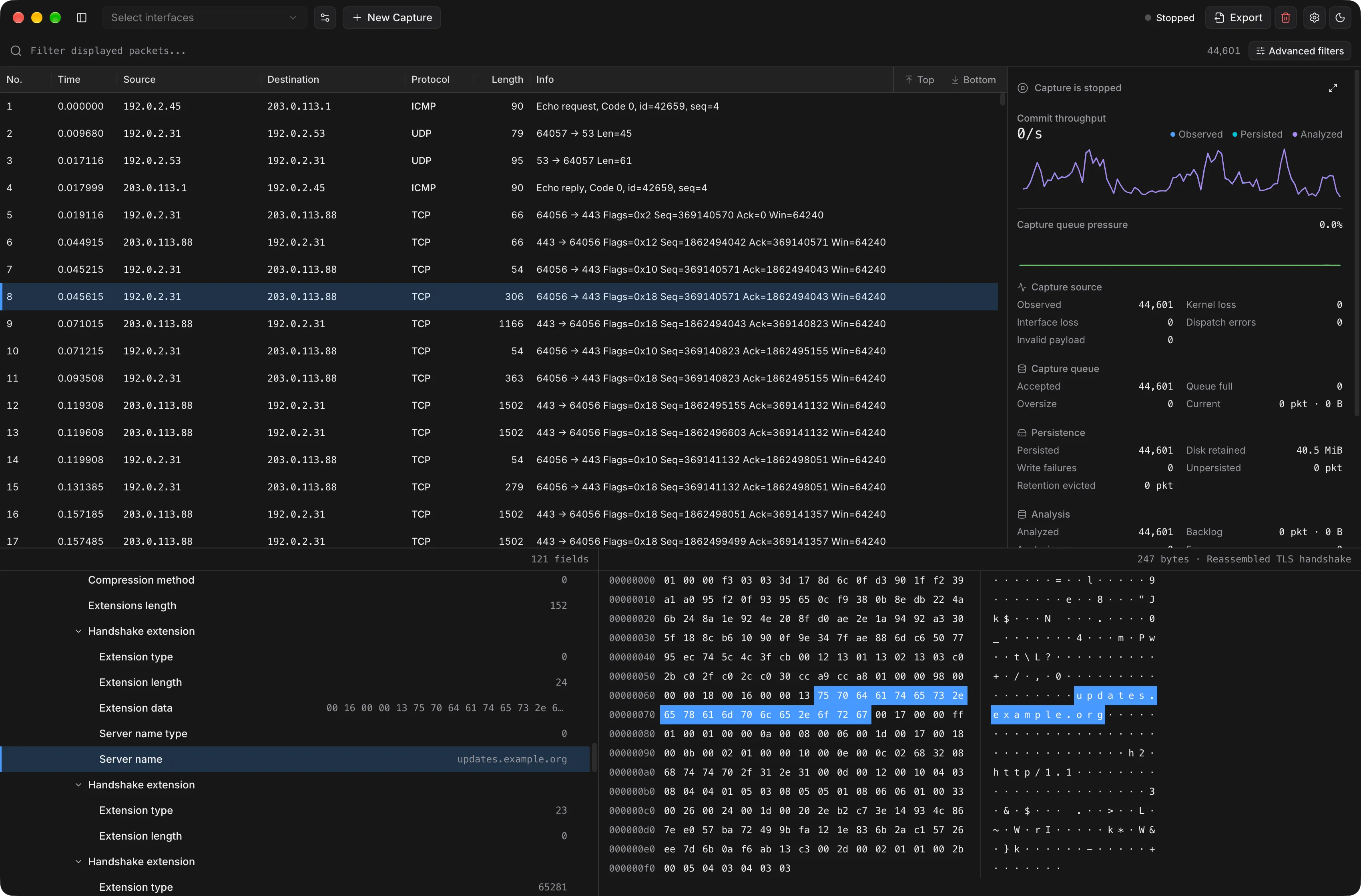 Pruftnet capture workspace: a packet list, the decoded fields of a TLS ClientHello with the server name selected, its bytes highlighted in the hex view, and live capture statistics.