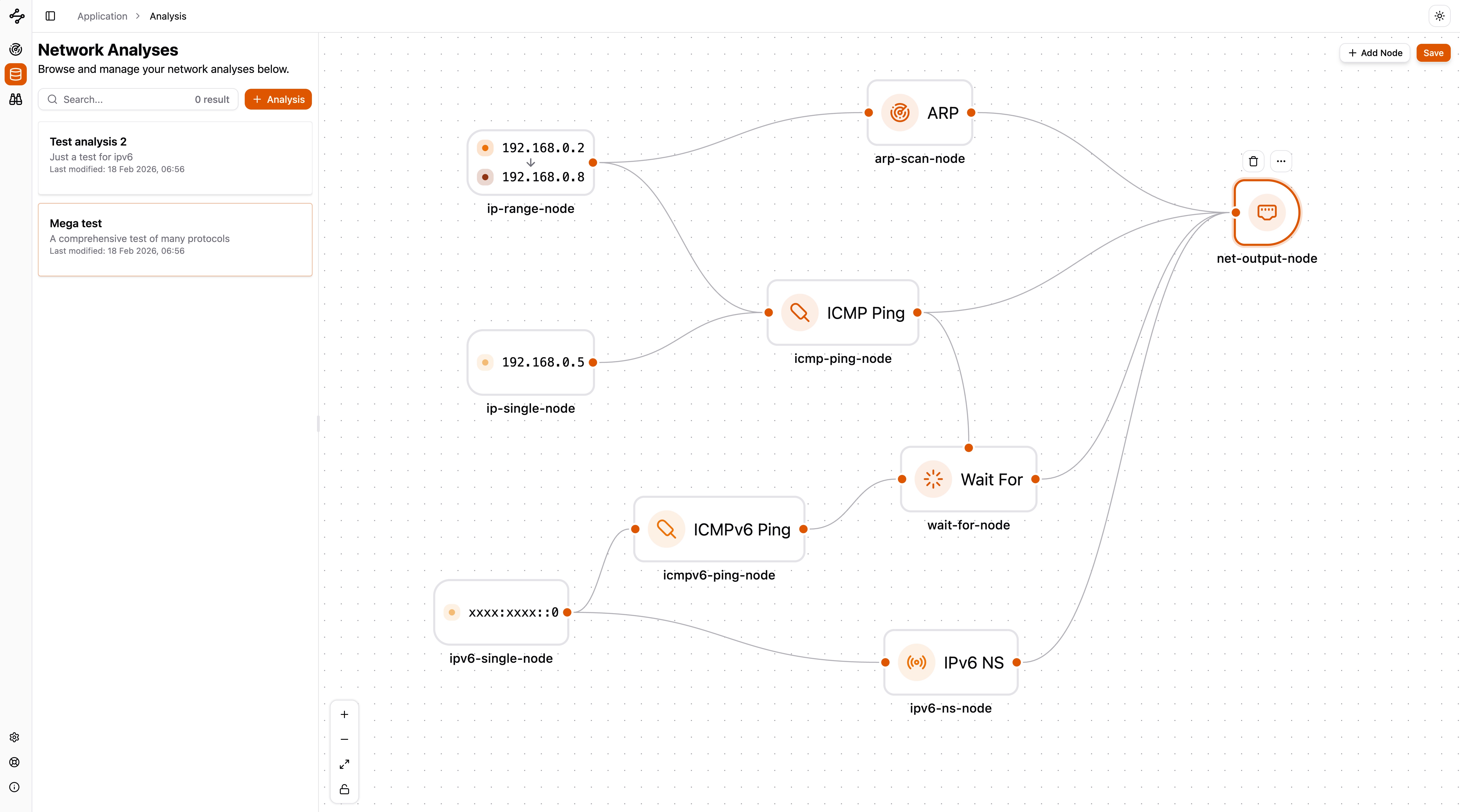 Visual workflow builder for creating network test scenarios